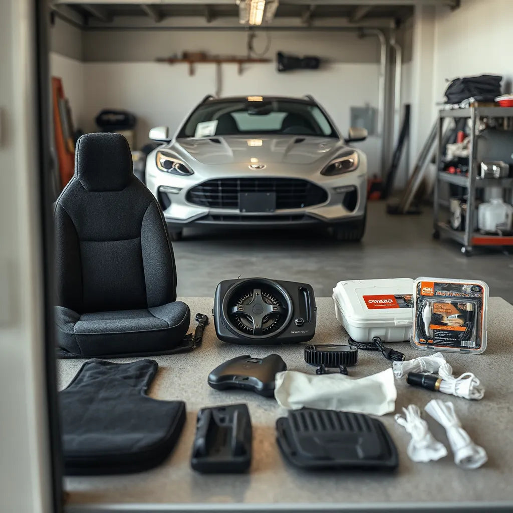 Premium vehicle accessories laid out in a clean garage near a car