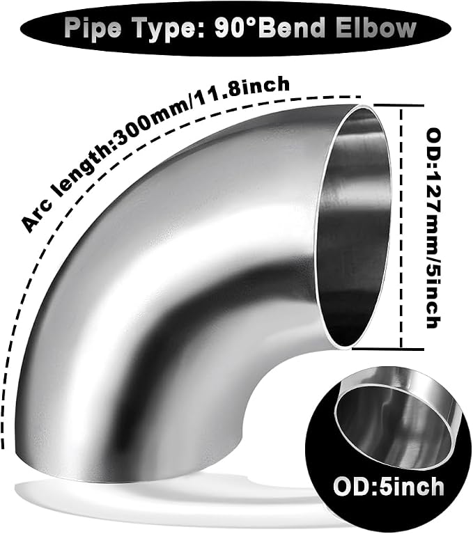 Cotonake OD 5 Inch 90 Degree SS304 Stainless Steel Bend Tube Exhaust Elbow Pipe - Image 2