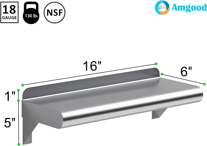 AmGood 6" X 16" Stainless Steel Wall Shelf | Metal Shelving | Garage, Utility - Image 3