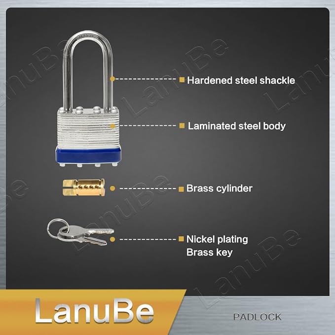LanuBe Lock Laminated Steel Keyed Padlock, Keyed Alike Locks, Long Shackle - Image 6
