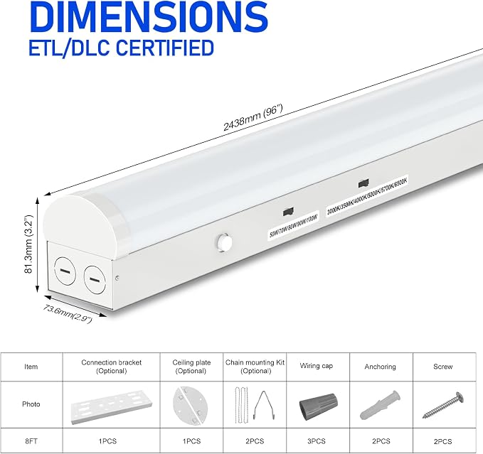 8FT LED Linear Strip Light, Super Bright 8 Foot LED Shop Lights 100W 90W 80W - Image 4