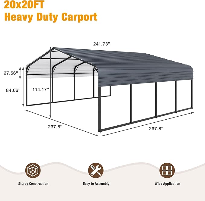 EBE 20' x 20' Outdoor Carport, Heavy Duty Metal Carports - Image 2