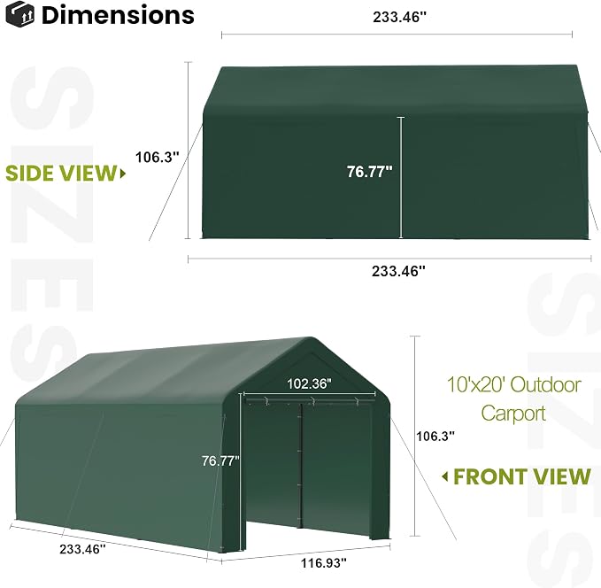 GOJOOASIS 10x20 Carport Heavy Duty Portable Garage Shelter Metal Car Canopy Tent - Image 7