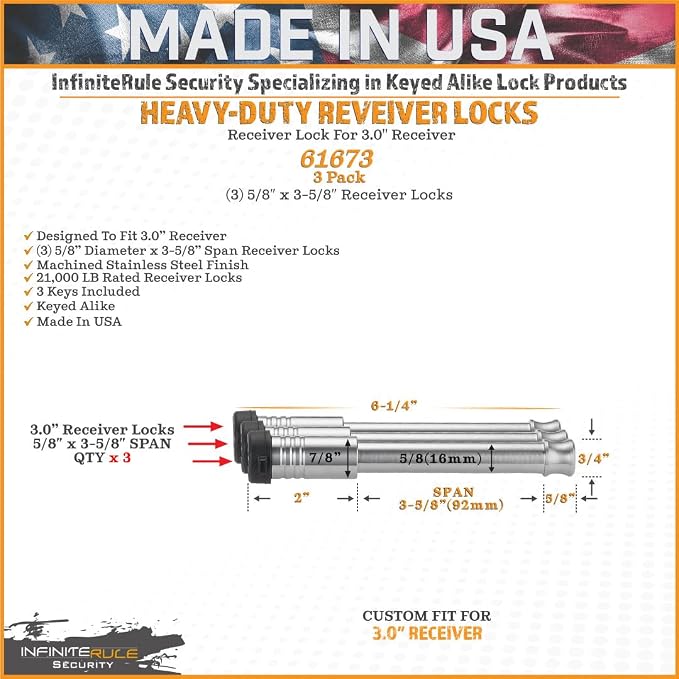 61673 | 3 Pack, Keyed Alike, Receiver Locks - Image 3