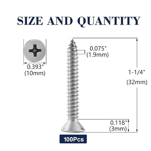 #12 x 1-1/4" Wood Screw 100Pcs 18-8 Stainless Steel Screws Flat Head Phillips - Image 2