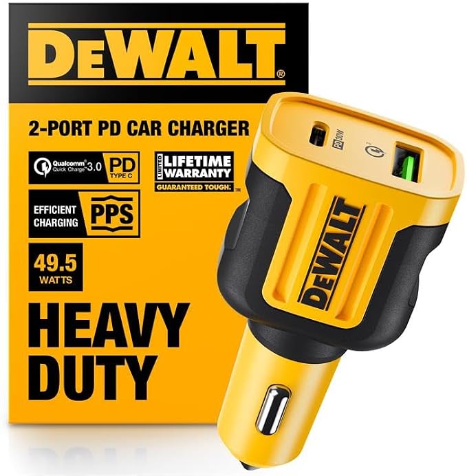 DEWALT Heavy Duty USB + USB C Car Charger Adapter, 49.5W Cigarette Lighter USBA by DEWALT
