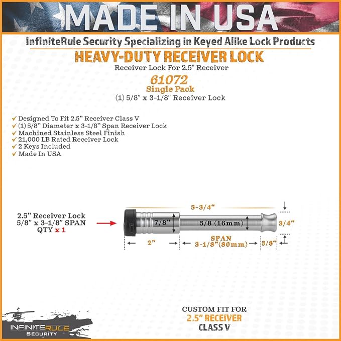 2" & 2.5" Receiver Lock, Heavy Duty Hitch Lock Pin, American Made In USA - Image 3