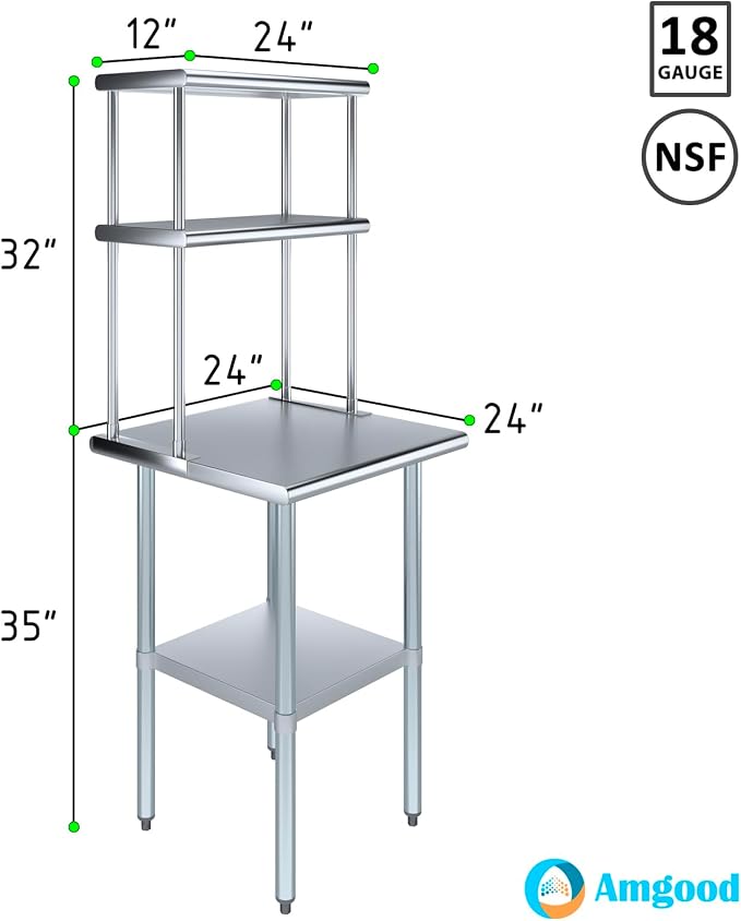 Amgood Stainless Steel Work Table Wide Double Tier Overshelf | NSF | Metal - Image 3