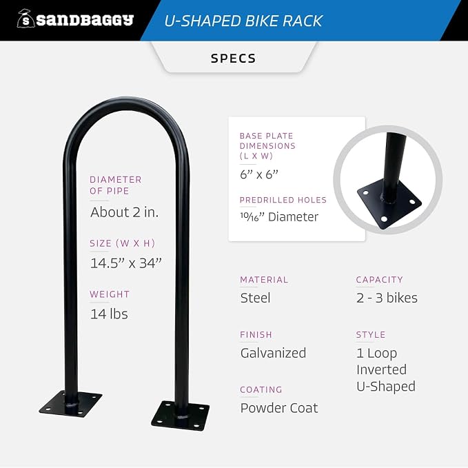 Sandbaggy In Ground Bike Rack | U Shaped, Commercial, 1 Loop, Galvanized Steel - Image 3