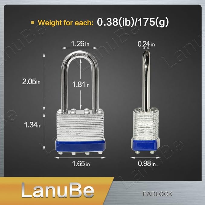 LanuBe Laminated Padlock 1-9/16 inch Long Shackle 6 Pack Keyed Alike, Bulk Locks - Image 2