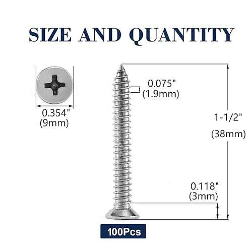 #10 x 1-1/2" Wood Screw 100Pcs 18-8 Stainless Steel Screws Flat Head Phillips - Image 2