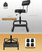 Shop Stool with Lockable Rubber Wheels Adjustable Backrest Tool Tray Storage - Image 2