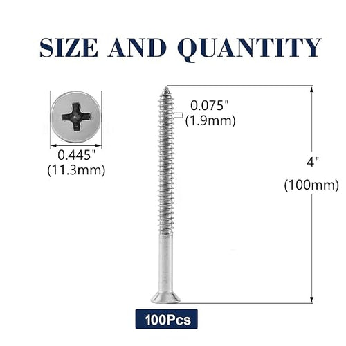 #14 x 4" Wood Screw 100Pcs 18-8 Stainless Steel Screws Flat Head Phillips Fast - Image 2