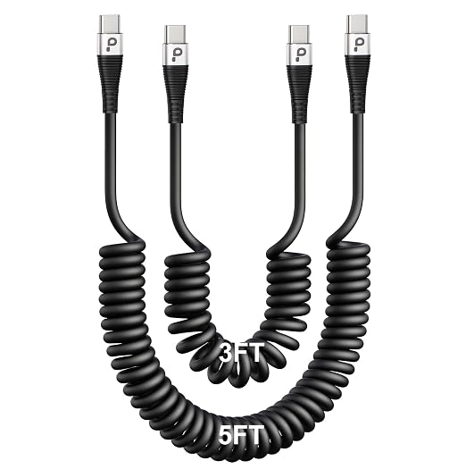 Coiled USBC to USBC Cables for Car 3FT/5FT, USB C to USB C Fast Charging Cables by PRAKIE