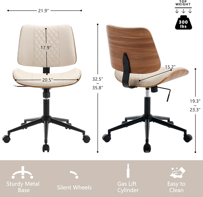 Home Office Chair No Arms with Wheels, Adjustable Height Small Desk Chair - Image 2