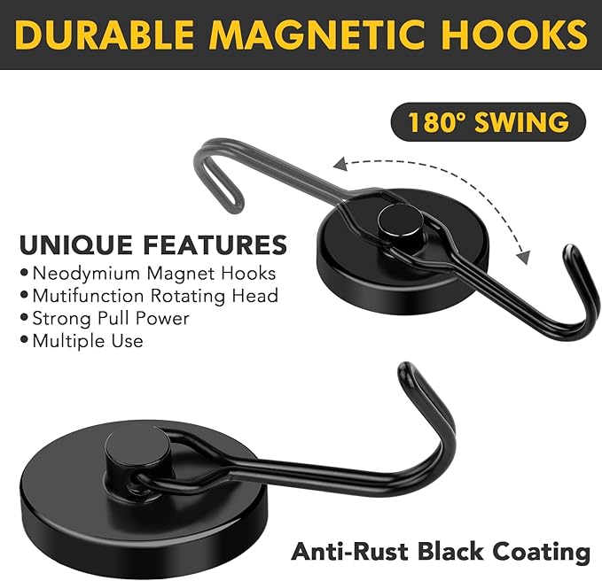 MIKEDE Magnetic Hooks, 110LB Heavy Duty Neodymium Black Magnet Hooks, Strong - Image 3