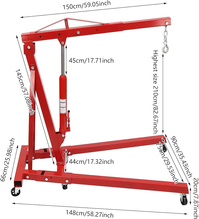2 Ton Engine Hoist, Folding Hydraulic Engine Crane Red, Heavy Duty Cherry - Image 8