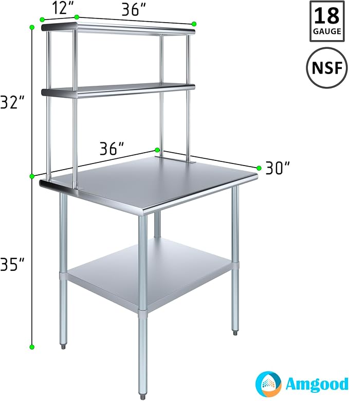 AmGood Stainless Steel Work Table Double Tier Overshelf 30" x 36" Work Table + - Image 3
