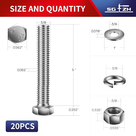3/8-16 x 5" Hex Head Screw Bolt, Flat & Lock Washers, Fully Threaded, by SG TZH - Image 2
