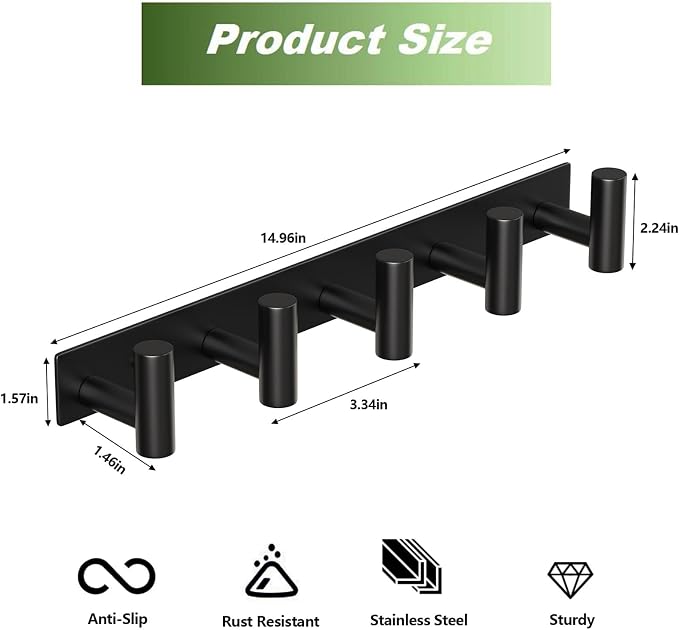 Coat Rack Wall Mounted with 5 Hooks, Metal Wall Hooks - Image 2