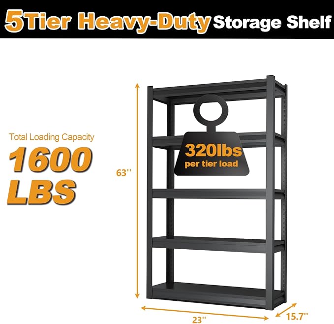 63H Metal Kitchen Storage Shelves, 1600 LBS Heavy Duty Garage Shelving Unit - Image 2