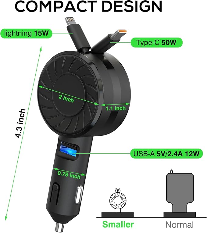 Retractable Car Charger, 3 in 1 Fast Charging Car Phone Charger 50W, Mini - Image 5