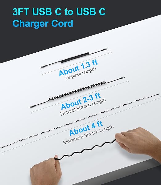 Coiled USBC to USBC Cables for Car 3FT/5FT, USB C to USB C Fast Charging Cables - Image 6