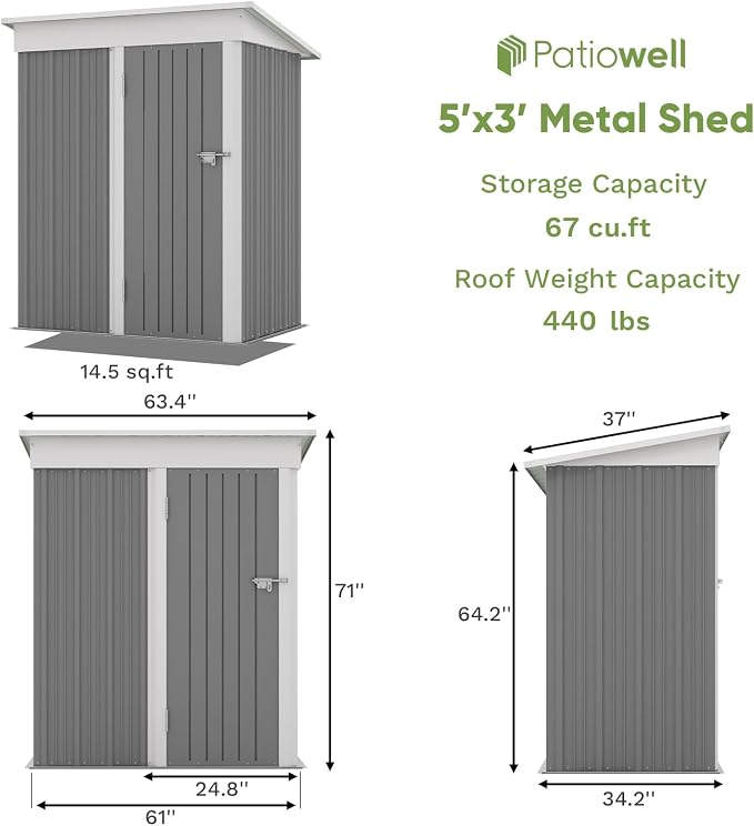 Patiowell 5x3 FT Outdoor Storage Shed, Garden Tool Shed - Image 6