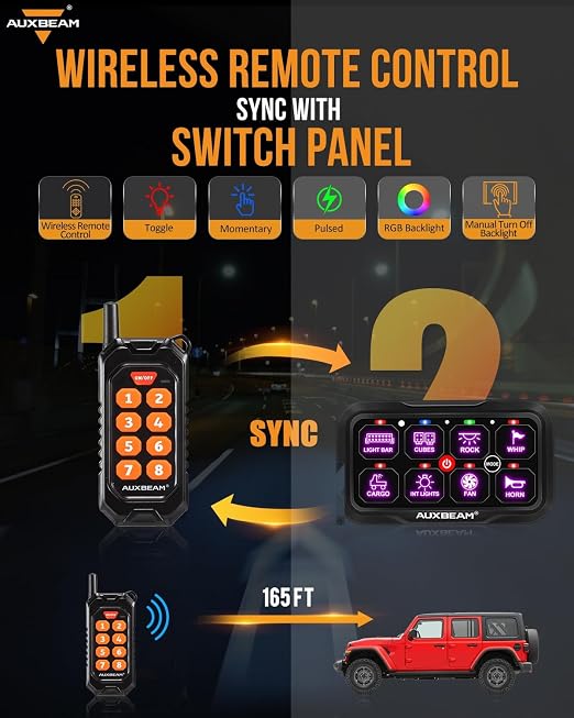 Auxbeam 8 Gang Switch Panel RC-800 RGB Wireless Remote Control Range Up to - Image 3