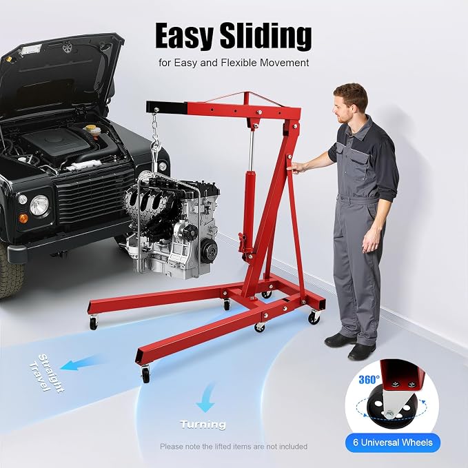 2 Ton Engine Hoist, Folding Hydraulic Engine Crane Red, Heavy Duty Cherry - Image 3