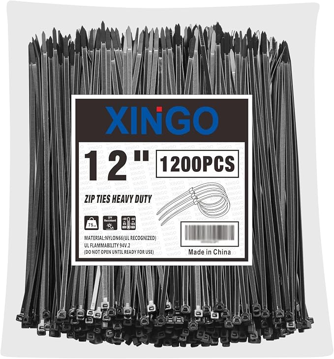 XINGO 12 Inch Black Zip Ties 1200 PCS, 75 LBS Tensile Strength, UV Resistant by XINGO