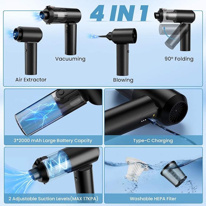 Vac V2 Portable Air Blower/Car Vacuum 90°Foldable 3in1 Handheld Vacuums Cleaner - Image 2