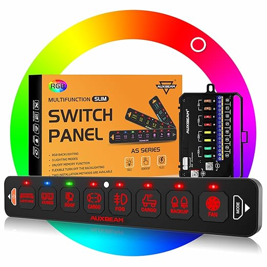 Auxbeam 8 Gang Slim Switch Panel RGB AS-R80 Toggle Momentary Pulsed Dimmable by Auxbeam