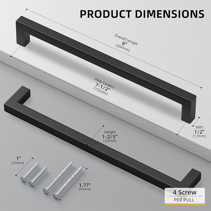goldenwarm 100 Pack 7-1/2in Black Square Bar Cabinet Pull Drawer Handle - Image 2