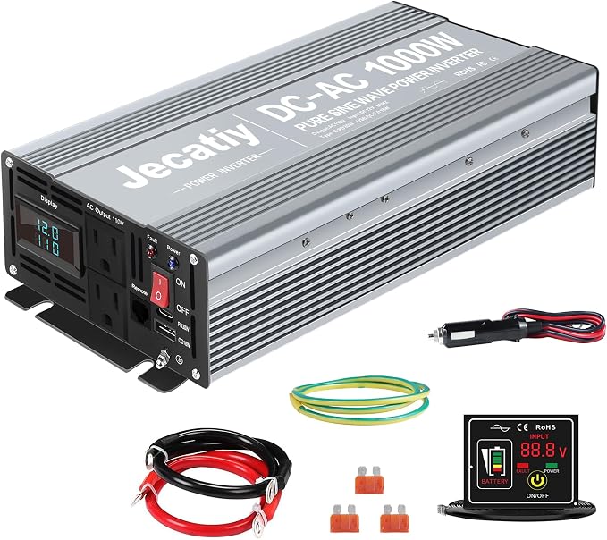 2AC 1000W Pure Sine Wave Inverter, Convert DC 12V to AC 110V 120V, 18W USB by Jecatiy