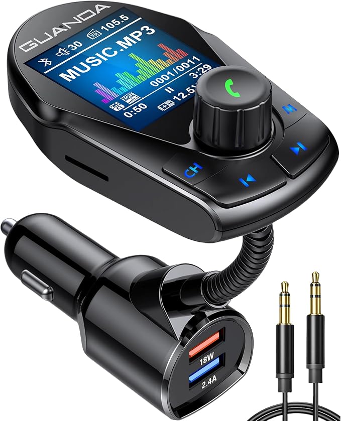 Bluetooth FM Transmitter in-Car Wireless Radio Adapter Kit W 1.8" Color Display by GUANDATECHNOLOGIESCOLTD