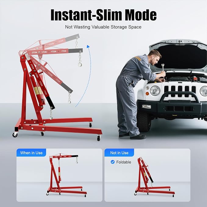 2 Ton Engine Hoist, Folding Hydraulic Engine Crane Red, Heavy Duty Cherry - Image 5