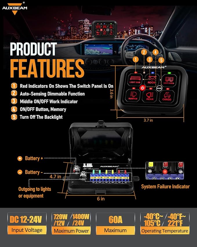 Auxbeam 6 Gang Switch Panel RA60 Toggle Momentary Pulsed RGB Dimmable Switch - Image 2