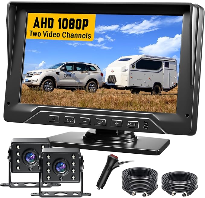 Dual RV Backup Camera Plug and Play, No Delay, 1080P HD, 2 Channels, 150° Wide by FEISIKE