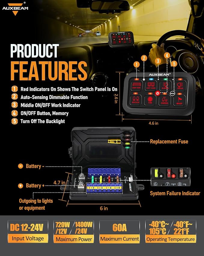 Auxbeam 8 Gang Switch Panel RB80 Toggle Momentary Pulsed RGB Dimmable Switch - Image 2