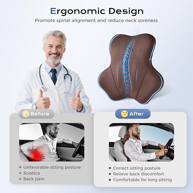 Coverado Car Lumbar Support Pillow and Car Neck Pillow Kit, Ergonomic Design - Image 3