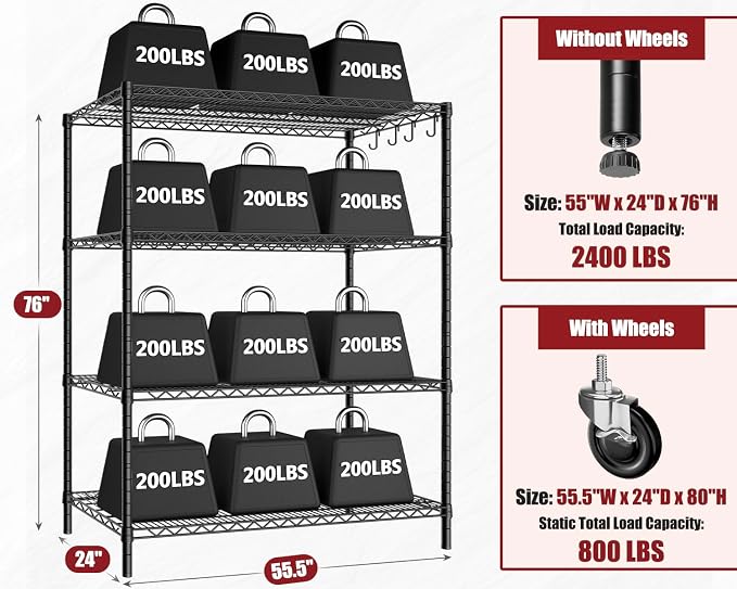 PrimeZone 3 Packs 55.5" W x 24" D x 80" H Heavy Duty Wire Storage Shelves - Image 3