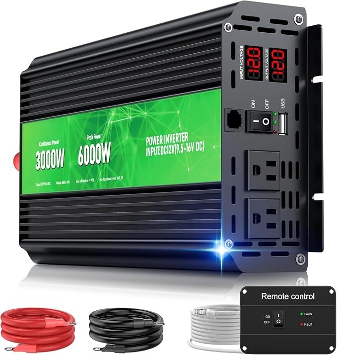 3000W Power Inverter, Peak Power 6000W 12V DC to AC 110V120V, Remote Control by HONOURLIGHT
