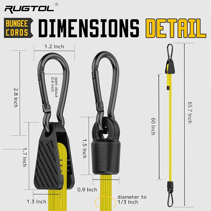 Bungee Cords with Hooks, 60 Inch Yellow Adjustable Bungee Cords with Carabiner - Image 5