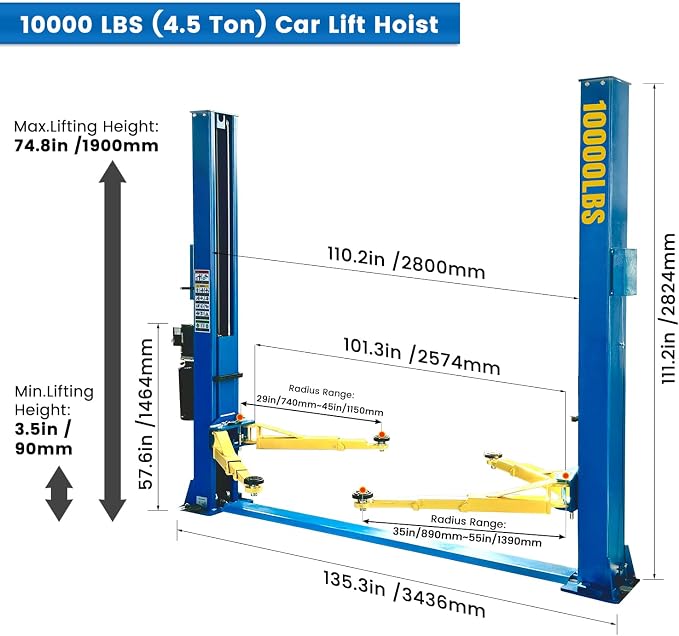 110V Two Post Car Lift 10, 000 LBS Heavy Duty Floor Plate 2 Posts Auto Hoist - Image 2