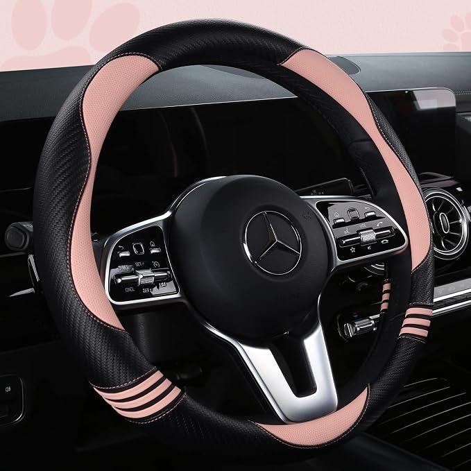 Car Steering Wheel Covers for Women Girl Padded Carbon Fiber PU Leather Cute by HighnessHwoo