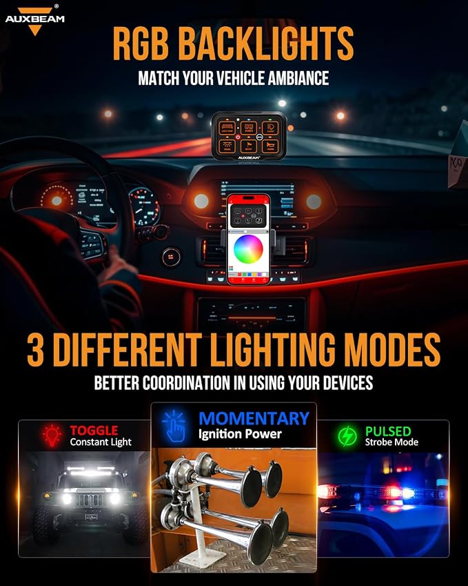 Auxbeam 6 Gang Switch Panel Bluetooth RGB AR-600 - Image 4