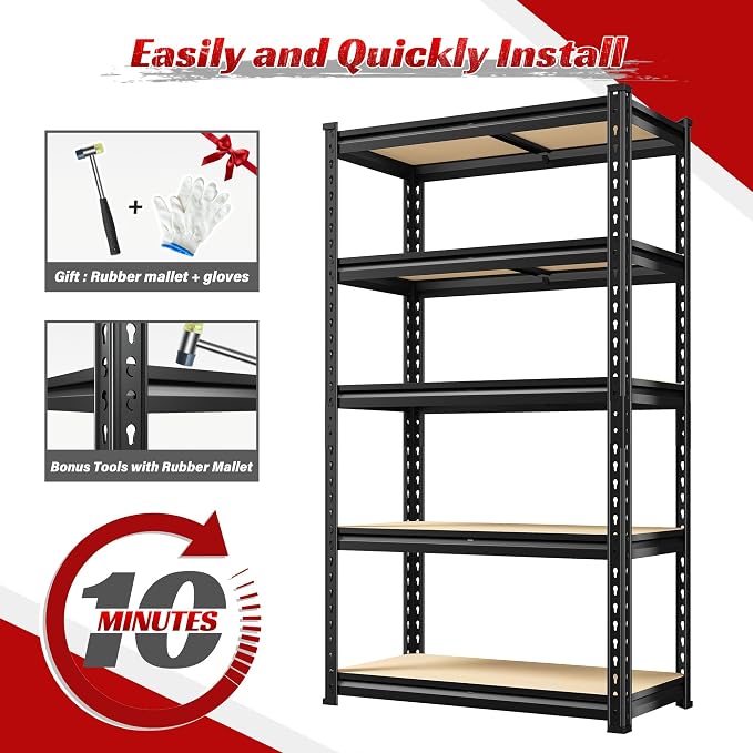REIBII Set of 2 Storage Shelves 5 Tier Garage Shelving Heavy Duty Metal - Image 8