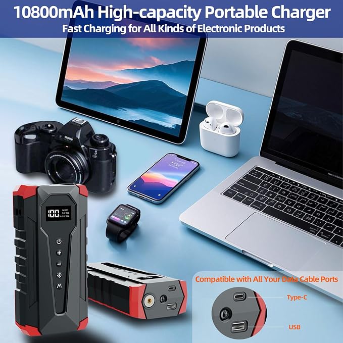 10800mAh Car Jump Starter with Air Compressor and USB/Type-C Charger, - Image 5