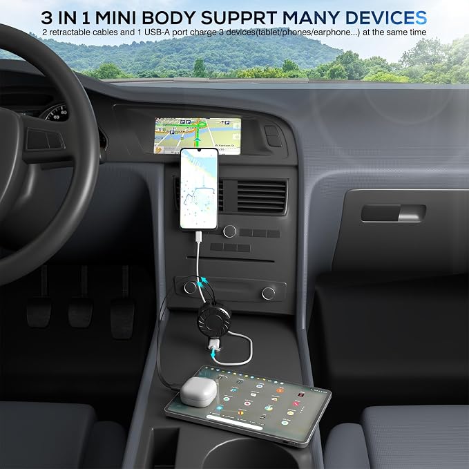 Retractable Car Charger, 3 in 1 Fast Charging Car Phone Charger 50W, Mini - Image 6